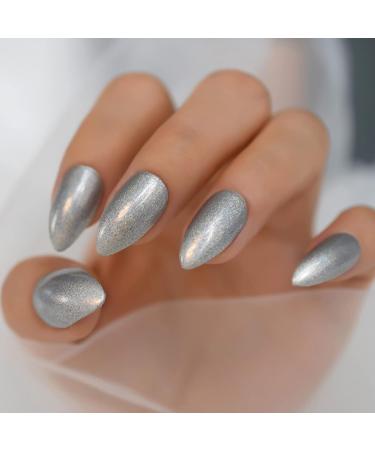 Laser Metallic Silver Wire Texture Artificial Nails - Short Almond Glossy Gel - 24pcs Acrylic Full Cover Kit - International Shipping - Buy Online on GoSupps.com