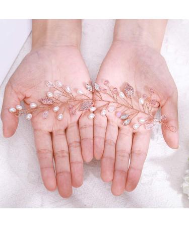Ushiny Leaves Wedding Hair Vine Rose Gold Crystal Bridal Headpiece Pearl Hair Accessories for Women and Girls