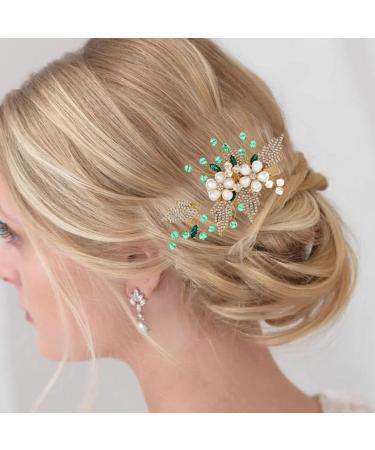 Green Beads Wedding Hair Clips | Gold Pearl Flowers Bride Barrettes - Buy Online on GoSupps.com