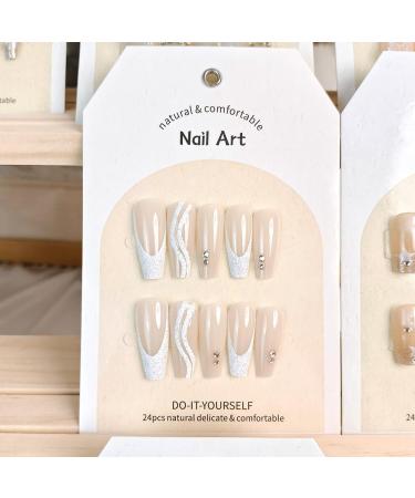 Long Ballet Nails French Tip Press on Nails with Nail Tips Glitter Ripple French False NailRhinestones Design press on nails Acrylic False Nails Cute Artificial Nails for Women and Girls - Buy Online on GoSupps.com