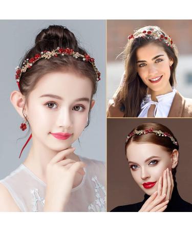 Drokit Red Crystal Flower Tiara Headpiece for Wedding - Elegant Bridal Forehead Accessory - Buy Online on GoSupps.com