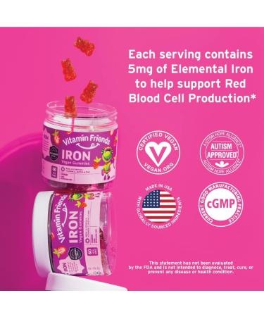 Vitamin Friends Vegan Multivitamin & Iron Gummies for Kids - B-Complex, Vitamin C, Zinc, Biotin - Anemia Support - Strawberry Flavor - 60 Day Supply - Buy Online on GoSupps.com