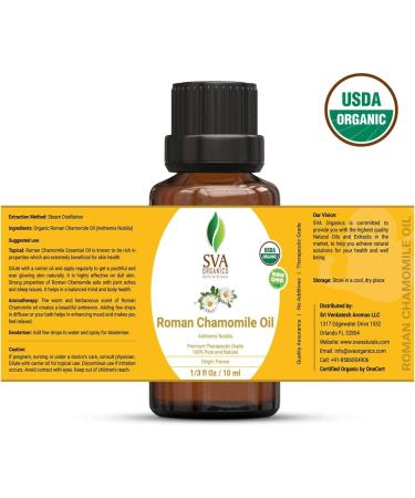 SVA Organics Roman Chamomile Oil 10ml - USDA Certified, 100% Pure & Natural Therapeutic Grade Oil for Skin, Hair, Massage & Aromatherapy - 0.34 Fl Oz - Buy Online on GoSupps.com