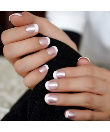 Pink French Fake Nails - Short Glossy Satin Finish with Adhesive Tabs - Buy Online on GoSupps.com