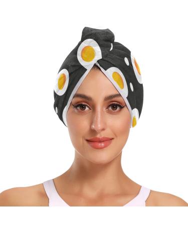 Seamless Fried Eggs and Polka Dots Pattern on Black Background Hair Towel 2 Pack Super Absorbent Hair Drying Towel Quick Dry Hair Turbans Head Towel with Button Twisty Wrap for Women Girls