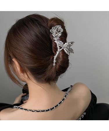 Valentine's Day Flower Hair Claw Clip - Exquisite Silver Hairpin for Women - Buy Online on GoSupps.com