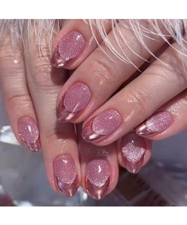 French Tip Press on Nails - Short Round Press On Nails with Nail Tips Pink Purple Crystal Cat Eye Design press on nails Acrylic False Nails Cute Artificial Nails