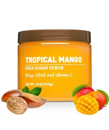 Mango Scent Body Scrub with Sugar and Shea Textured Exfoliating Body Care Cream for Routine Skin Use Wide Jar Format 18 oz