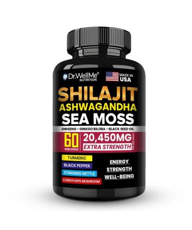 Dr.WellMe Shilajit Ashwagandha Sea Moss with Ginseng Ginkgo Biloba & Black Seed Oil - 60 Veggie Capsules Extra Strength 20 450mg - Anti-Aging Stamina Skin Radiance & Performance - Made in USA