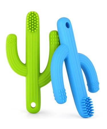 Baby Toothbrush Teether Teething Toothbrush Toys Soft Silicone Bristles for Baby and Infant (2pcs Blue and Green)