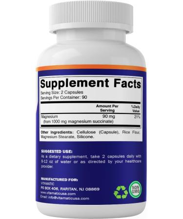 Vitamatic Magnesium Succinate 1000 mg Per Serving (Provides 90mg Elemental Magnesium) - 180 Capsules - Highly Bioavailable Form - Supports Muscle, Nerve & Heart Health - Non-GMO & Gluten-Free - Buy Online on GoSupps.com