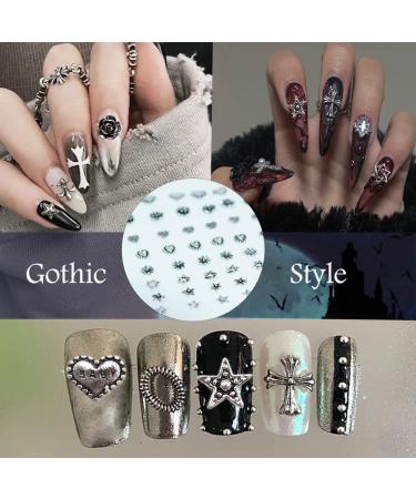 48Stk Halloween Steine Nails - 3D Gothic Punk Nail Art Accessories with Silver Heart Flower & Pentagram Charms for DIY Manicure - Buy Online on GoSupps.com