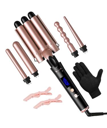 5 in 1 Curling Iron with 5 Interchangeable Ceramic Curling Wands(0.35"-1.25 ) suitable for All Hair Types with Temperature Display Fast Heating Curling Wand Set Include Heat Protective Glove & 2 Clips