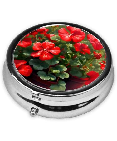 Red Geraniums Round Pill Box - 3 Compartment Portable Organizer for Travel & Purse - Buy Online on GoSupps.com