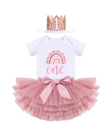 IBTOM CASTLE Cake Smash Outfit 1st Birthday Girl Rainbow Romper + Tutu Skirt Headband 3pcs Set Year Old Two One Crown Dress Photo Shoot Clothes 2 1 Year Bean paste One+Crown