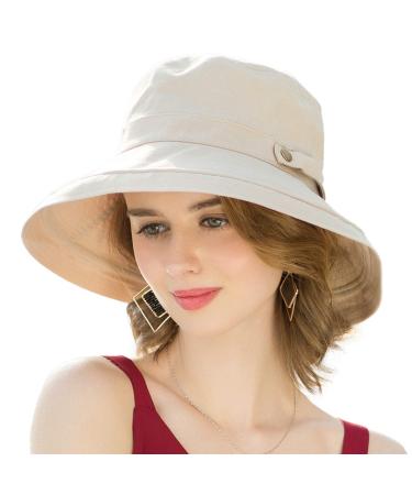 Somaler Womens Cotton Wide Brim Sun Hats UPF50+ UV Packable Beach Hat Summer Bucket Cap for Travel Button Decoration-beige