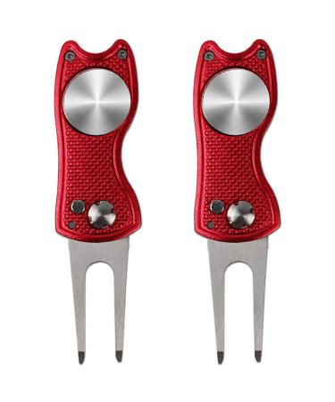 kaveno Golf Divot Repair Tool, Foldable Pop-up Button Stainless Steel Switchblade & Detachable Golf Ball Marker Red Fish 2 SETS