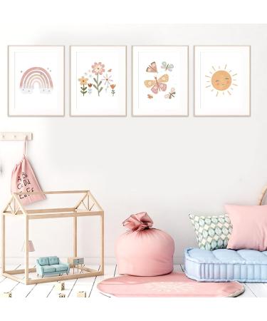 Vega 4er Set Childrens Room Pictures - Rainbow Sun Cloud Flowers & Butterflies Wall Art - Boho DIN A4 Posters for Baby Room Decoration - Buy Online on GoSupps.com