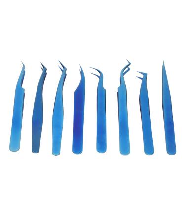 Eyelash Tweezers Set for Extensions - 8-Piece Stainless Steel Blue Tweezers with Straight & Bent Tips - Buy Online on GoSupps.com