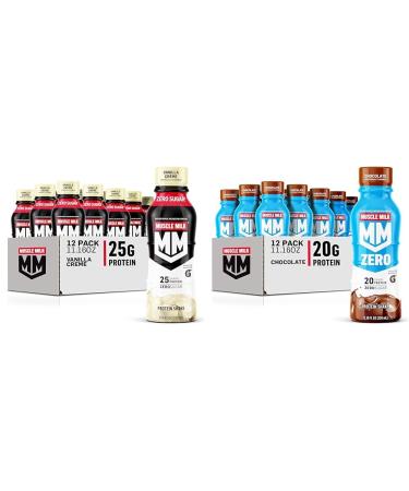 Muscle Milk Genuine Protein Shake Vanilla Creme 11.16 Fl Oz Bottle & Zero Protein Shake Chocolate 20g Protein Zero Sugar