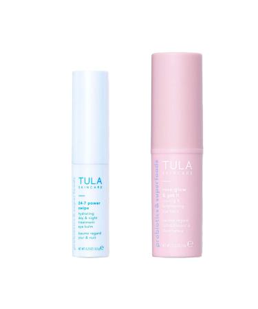 TULA Skin Care 24-7 Power Swipe Hydrating Day & Night Treatment Eye Balm 0.23 oz + Rose Glow & Get It Cooling & Brightening Eye Balm 0.35 oz, 2 Piece Set