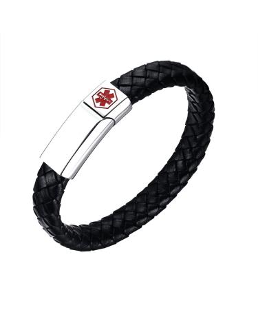 VNOX Free Engraving- Genuine Leather Stainless Steel Medical Alert ID Cuff Bangle Bracelet for Men Women 8.3"