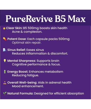 PureRevive High-Potency Vitamin B5 500mg - Advanced Pantothenic Acid Formula | Metabolism, Skin & Joint Support | Non-GMO, Gluten-Free | Made in UK - 120 Caps - Buy Online on GoSupps.com