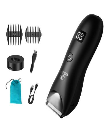 Body Hair Trimmer for Men Electric Hair Clippers Ball Trimmer with Ceramic Blade Waterproof Pubic Groin Hair Trimmer Grooming Kit with LCD Display & Recharge Dock Black