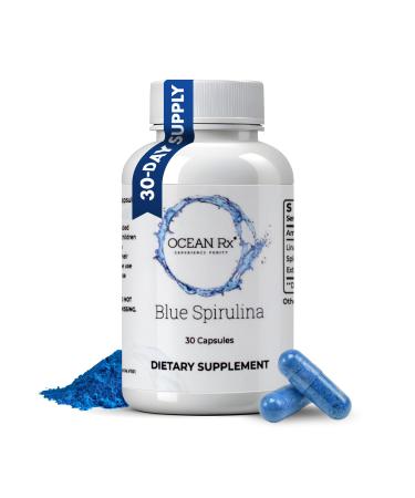 Ocean Rx Organic Pure Blue Spirulina Capsules | Natural Superfood | Prebiotic Phycocyanin Supplement | Healty Skin, Oral Health, & Wound Recovery | 30 Serving Bottle