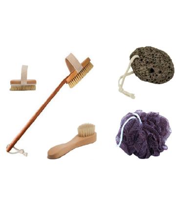 Dry Brushing Body Brush for Exfoliating Skin Includes Detachable Handle Dry Brush for Face Mesh Pouf Scrubber Lava Pumice Stone. Gift Set for Men & Women (4 Pack)
