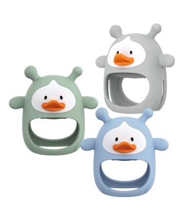 3 Packs Baby Teether Baby Teething Toys for Infants 3+ Months Less Dust &Hair Adhesion Anti Drop Silicone Teether for Soothing Teething Relief Baby Chew Toys for Sucking Needs (Green+Blue+Grey)