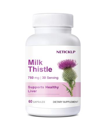 NETICKLP 750mg Milk Thistle Supplement - Organic Milk Thistle Extract for Healthy Liver Herbal Wellness Support Non-GMO Gluten-Free 60 Capsules