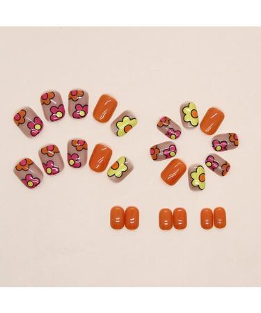 Glossy French Tips Short Square False Nails - 24Pcs Cute Cartoon Flower Design | Reusable Press on Nails with Glue Stickers | Nail Art Accessories for Women and Girls - Buy Online on GoSupps.com
