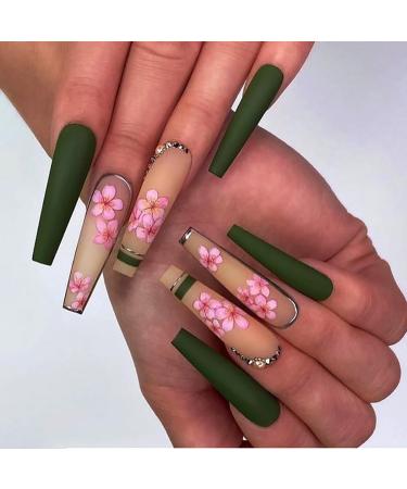 Brishow long artificial nails green nails to stick on press on nails with flowers ballerina-acrylic falsche nails 24 pieces for women and girls (a)