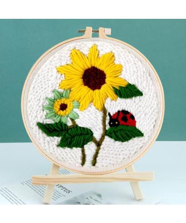 Easy Punch Needle Embroidery Kits Rug for Starter Kits with Stamped Color Pattern Instruction Yarn and Adjustable Pen Hoop for Rug Hooking DIY Tools Set (Sunflower and Ladybug)