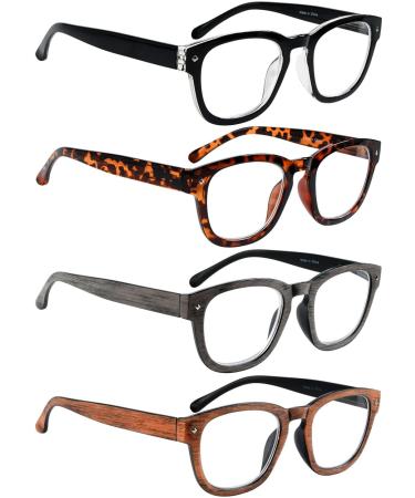 LUR READING GLASSES for Men 1.5 Classic Square Readers 4 Packs Cheaters Comfy Spring Hinges/Wood Tone Design Mix 1.5 x