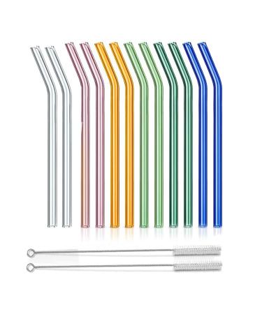 Pzhoais Reusable Glass Straws Bent Glass Drinking Straws with 2 Cleaning Brushes Straws for Smoothies (Multicolor 12 Pack)