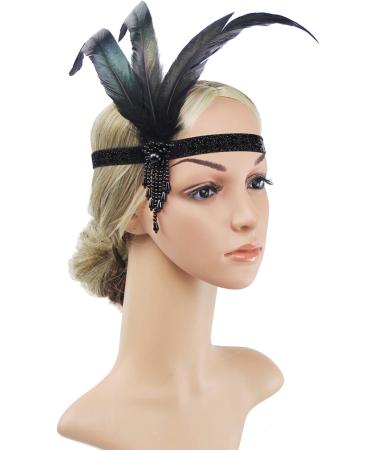 Feather Headband ARPDJK 1920s Flapper Headpiece with Beaded Vintage Accessories for Costume Prom Wedding Carnival Party Black Feather Hair band for Women - Buy Online on GoSupps.com