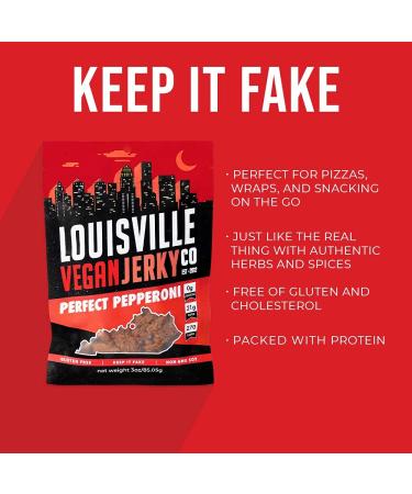 Louisville Vegan Jerky - Perfect Pepperoni 3 oz (Pack of 1) | Vegetarian & Vegan-Friendly - Non-GMO Soy Protein - 270 Calories - Gluten-Free Ingredients - Buy Online on GoSupps.com