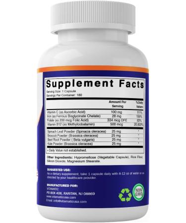 Vitamatic Vegan Iron with Vitamin C B6 B12 & Folic Acid | Plus Spinach Broccoli Beetroot & Kale | 180 Capsules | Non-GMO Gluten-Free Sugar-Free | Made in USA - Buy Online on GoSupps.com