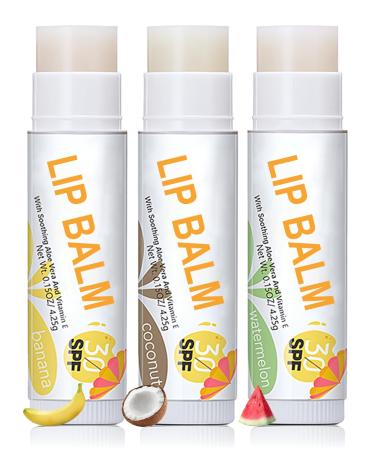 3 Pcs Lip Balm Set SPF 30 Banana Coconut Watermelon Moisturizing Lipstick Lightweight Prevents Soothes Dry Chapped Lips Non-sticky Daily Sun Protection for Lips 0.47 Ounce (Pack of 3) Banana, Watermelon & Coconut 3 Pcs