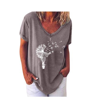 Ppanguding T-shirt women summer fashionable casual round short loose Pustblume Printed tops tops above shirt summer top shortage shirt s gray
