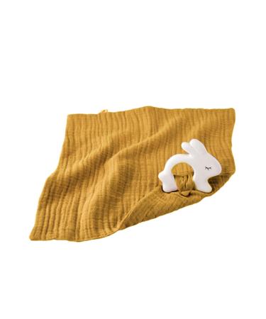 kikadu rubber rabbit with comfort blanket Mustard - baby toy made from 100% GOTS-certified organic cotton ONESIZE