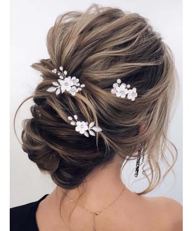 Earent Bride Wedding Flower Hair Pins Pearl Hair Accessories Leaf Headpieces Bridal Hair Pieces for Women and Girls(Pack of 3)