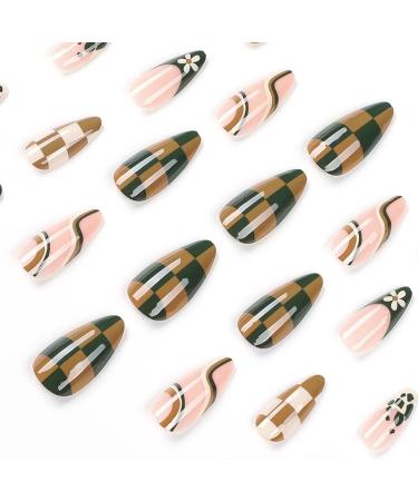Dark Green Checkerboard & Swirl Oval Press on Nails Set - 24Pcs Acrylic False Fingers for Women Girls - Buy Online on GoSupps.com