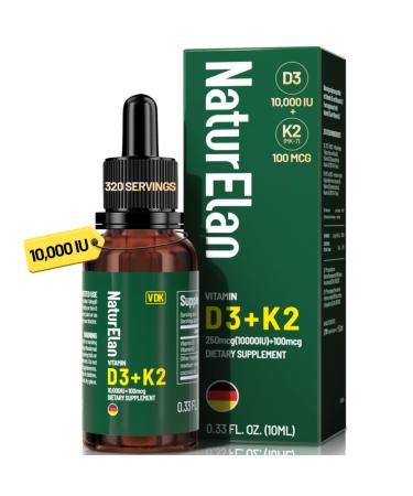 Organic Vitamin D3 K2 Drops with MCT Oil, 10,000 IU Vitamin D Liquid Drops + 100mcg K2(MK-7), 320 Servings, Supports Bone, Immune, Heart & Teeth Health, Third-Party Tested, Vegan, Non-GMO, Gluten Free 0.34 Fl Oz (Pack of 1)