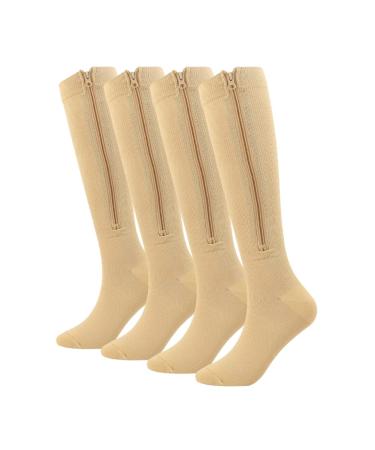 Hovershoes compression stockings with zipper for men women flight socks knee support stocking closed toe for varicoseadema s-m 2 pair of skin color