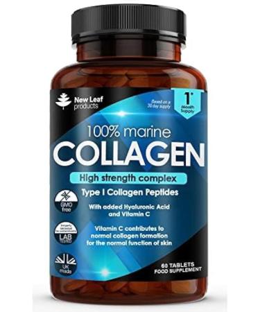 Pure Marine Collagen 100% Marine Collagen Type 1 1500mg - Hydrolysed Collagen Peptides Enhanced with Hyaluronic Acid & Vitamin C High Strength Collagen Supplements for Women and Men 60 Tablets 60 Count (Pack of 1)