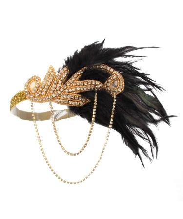 1920s Flapper Headband Roaring Vintage Feather Headpiece Gold Bling Rhinestone 20s Gatsby Hair Accessories for Women