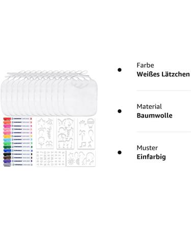 Faburo 12 Pack Baby Bibs - Double-Sided Cotton 14 Colored Textile Pens & 5 Paint Stencils - Ideal for Baby Shower Parties - 20x24cm White Bibs - Buy Online on GoSupps.com
